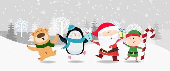Fototapeta premium Cartoon company poster winter design. Illustration with dancing Santa Claus, penguin, elf and cute beer on background with winter forest. Can be used for postcards, invitations, greeting cards