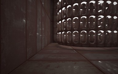 Empty smooth abstract room interior of sheets rusted metal and brown  concrete. Architectural background. Night view of the illuminated. 3D illustration and rendering