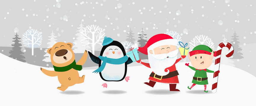 Cartoon company poster winter design. Illustration with dancing Santa Claus, penguin, elf and cute beer on background with winter forest. Can be used for postcards, invitations, greeting cards