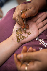 applying henna on hand, Hindu wedding ,Rajasthan, India