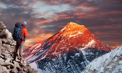 Mount Everest hiker Nepal Himalayas mountains sunset - obrazy, fototapety, plakaty