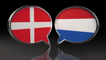 Denmark and Netherlands flags with Speech Bubbles. 3D illustration
