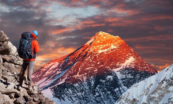 Mount Everest Hiker Nepal Himalayas Mountains Sunset