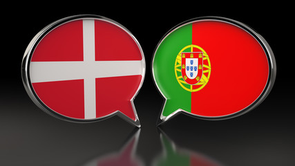 Denmark and Portugal flags with Speech Bubbles. 3D illustration
