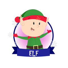 Creative greeting card with Christmas elf. Illustration of smiling Santa helper in blue round frame on white background, Can be used for postcards, greeting cards, leaflets