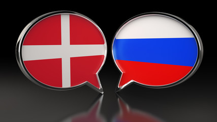 Denmark and Russia flags with Speech Bubbles. 3D illustration
