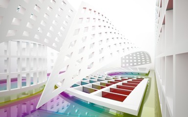 Abstract white interior with colored gradient glossy lines and floor. 3D illustration and rendering