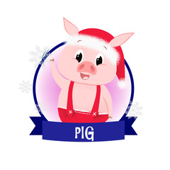 Creative greeting card with pink piggy, Illustration of pink piglet in red jumpsuit in blue round frame on white background. Can be used for postcards, greeting cards, leaflets