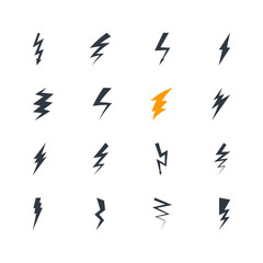 Set of thunderbolts icons. Lightning icons isolated on black background. Vector illustration.