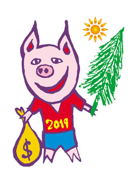 Cartoon pig with a Christmas tree, a bag of gifts in a red T-shirt. 2019 year of the pig according to the eastern horoscope. Vector graphics.