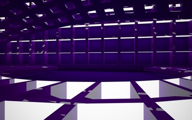 Abstract interior of the future in a minimalist style with violet sculpture. Night view from the backligh. Architectural background. 3D illustration and rendering