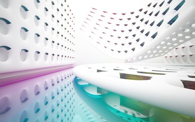 Abstract dynamic interior with white smooth objects and  colored glass lines. 3D illustration and rendering