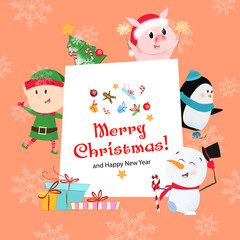 Merry Christmas and Happy New Year peach postcard. Inscription with elf, gift, snowman, penguin, piglet and fir tree background with snowflakes. Can be used for postcards, greeting cards, leaflets