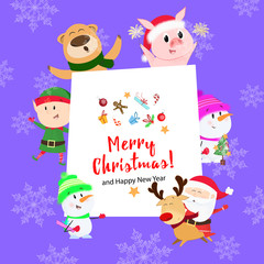 Obraz na płótnie Canvas Merry Christmas and Happy New year purple poster design. Inscription with bear, snowmen, piglet, elf, Santa Claus riding on deer on purple background. Can be used for postcard, greeting card, leaflet