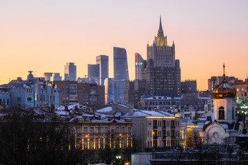 view of Moscow at sunset from the Moskva River