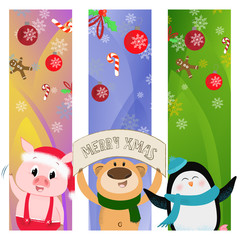 Multicolored merry Xmas poster design with cartoon trio. Illustration of bear, piglet, penguin on background with candy canes, mistletoe, snowflakes. Can be used for postcard, greeting card, leaflet
