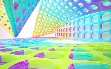 abstract architectural interior with colored smooth glass sculpture . 3D illustration and rendering