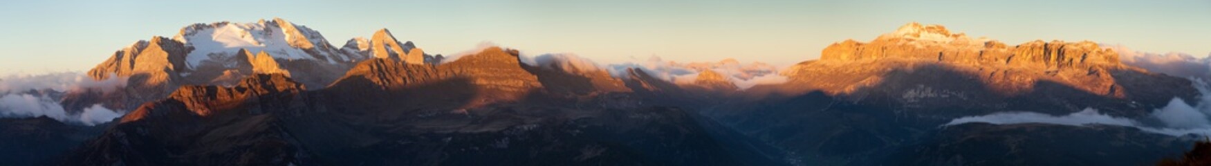 mount Marmolada and mount Sella sunset panorama - obrazy, fototapety, plakaty