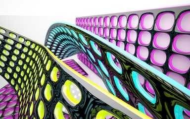 abstract architectural interior with colored smooth glass sculpture with black lines. 3D illustration and rendering