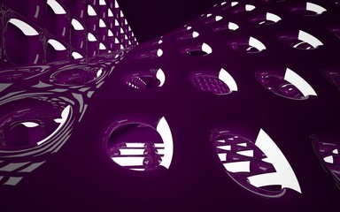 Fototapeta premium Abstract interior of the future in a minimalist style with violet violet sculpture. Night view from the backligh. Architectural background. 3D illustration and rendering