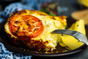 baked meat pie with cheese and tomato, lasagna