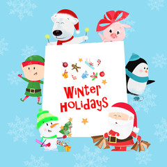 Winter Holidays blue postcard. Inscription with elf, Santa Claus, snowman, piglet, penguin and polar bear on blue background with snowflakes. Can be used for postcards, greeting cards, leaflets