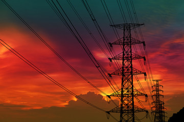 silhouette power electric pole and electric line colorful sunset sky