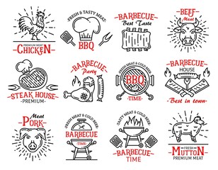 Meat products icons signs steaks on barbeque grill - obrazy, fototapety, plakaty