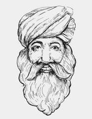 Smiling old indian man in turban. Hand drawn illustration converted to vector