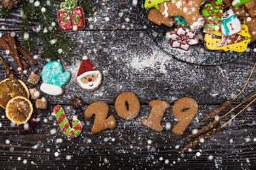 Obraz na płótnie Canvas Different ginger cookies for new 2019 year holiday on wooden background, xmas theme