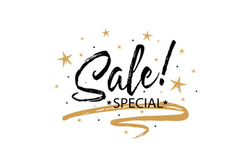 Sale special. Beautiful greeting card, calligraphy text word. Hand bell, Christmas tree toy, candle, art design old style. Drawing invitations. Handwritten modern brushes vector isolated background