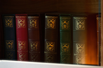 Old vintage style books in a row in a shelf in living room. Concept of knowledge, education and reading books. Cozy atmosphere in house or apartment with warm light reflection