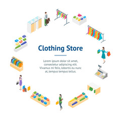 Clothing Store Interior with Furniture Banner Card Circle Isometric View. Vector