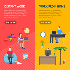 Cartoon Group of Distant Work Characters People Banner Vecrtical Set. Vector