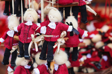 Close up of Christmas market stall in Vienna, Austria. Christmas decorations at a Christmas market....
