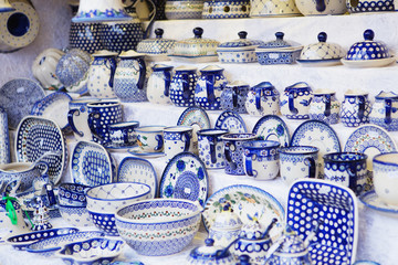 Close up of Christmas market stall in Vienna, Austria. Beautiful painted dishes