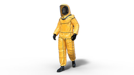 Man wearing yellow protective hazmat suit, human with gas mask dressed in biohazard outfit for chemical and toxic protection, 3D rendering