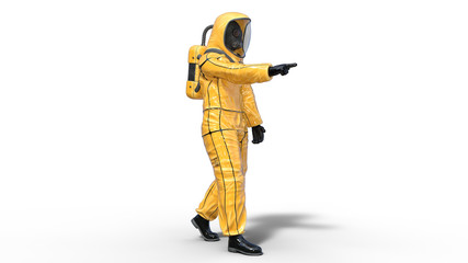 Man wearing protective hazmat suit pointing, human with gas mask dressed in biohazard outfit for chemical and toxic protection, 3D rendering - 237228250