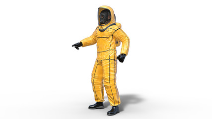 Fototapeta na wymiar Man in biohazard protective outfit pointing, human with gas mask dressed in hazmat suit for toxic and chemicals protection, 3D rendering