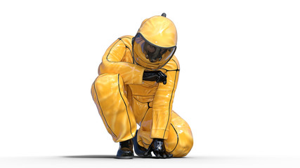 Man wearing protective hazmat suit crouching, human with gas mask dressed in biohazard outfit for chemical and toxic protection, 3D rendering - obrazy, fototapety, plakaty