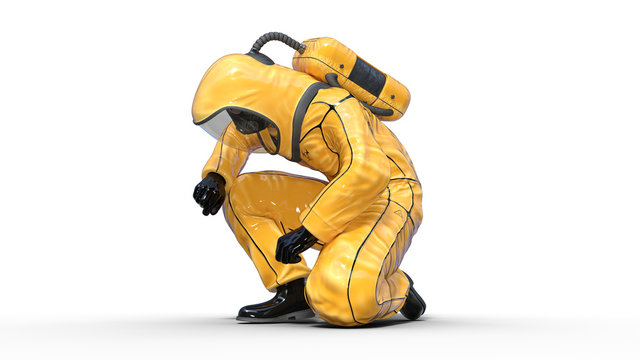 Man in biohazard protective outfit kneeling, human with gas mask dressed in hazmat suit for toxic and chemicals protection, 3D rendering