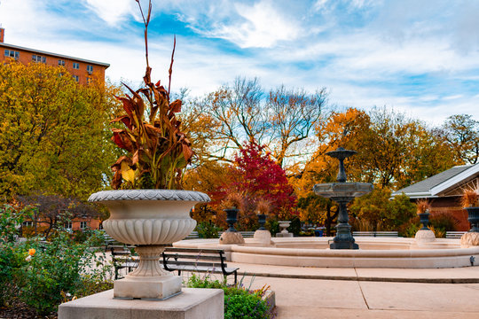 Autumn Park Scene in Wicker Park Chicago with a Fountain