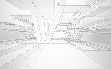 Abstract white interior highlights future. Polygon drawing. Architectural background. 3D illustration and rendering