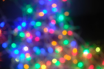 Defocused abstract multicolored bokeh lights background.Magic explosion star with particles