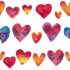 Watercolor seamless pattern of hand drawn red orange blue hearts. Design for wrappind papper, postcards, valentines cards, background and decor.
