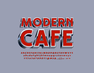 Vector Sign with text Modern Cafe. Stylish set of Silver and Red Alphabet Letters. Original 3D Font.