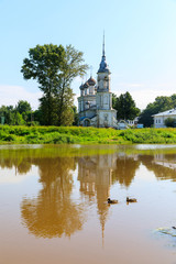 Fototapeta na wymiar panorama of River Vologda and church of the Presentation of the Lord was built in 1731-1735 years in Vologda, Russia.