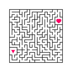 Abstract square maze. An interesting and useful game for children. Find the path from arrow to heart. Simple flat vector illustration isolated on white background.