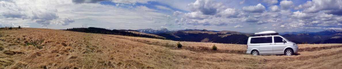 car on a mountain road in the Ukrainian Carpathians