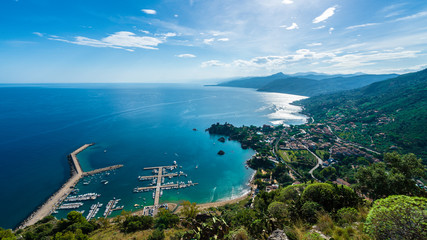 View of Cefalu and Promontorio de Torre Caldura seen from Norman Castle, La Rocca park, Sicily island, Italy